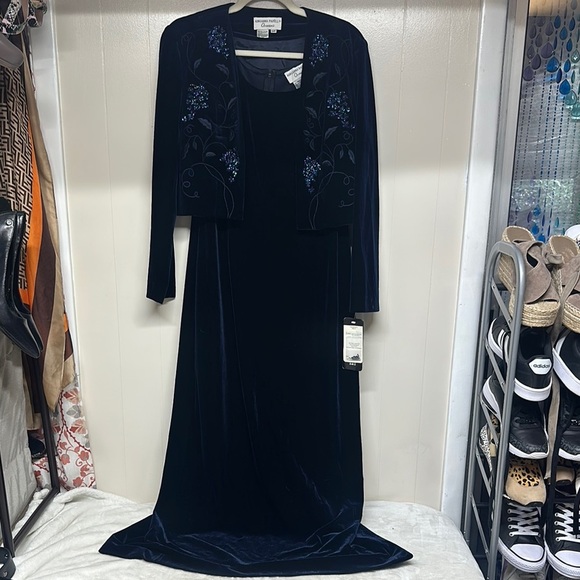 Adrianna Papell Royal Blue Square Neck Long Sleeve Gown with Jacket - Picture 1 of 15